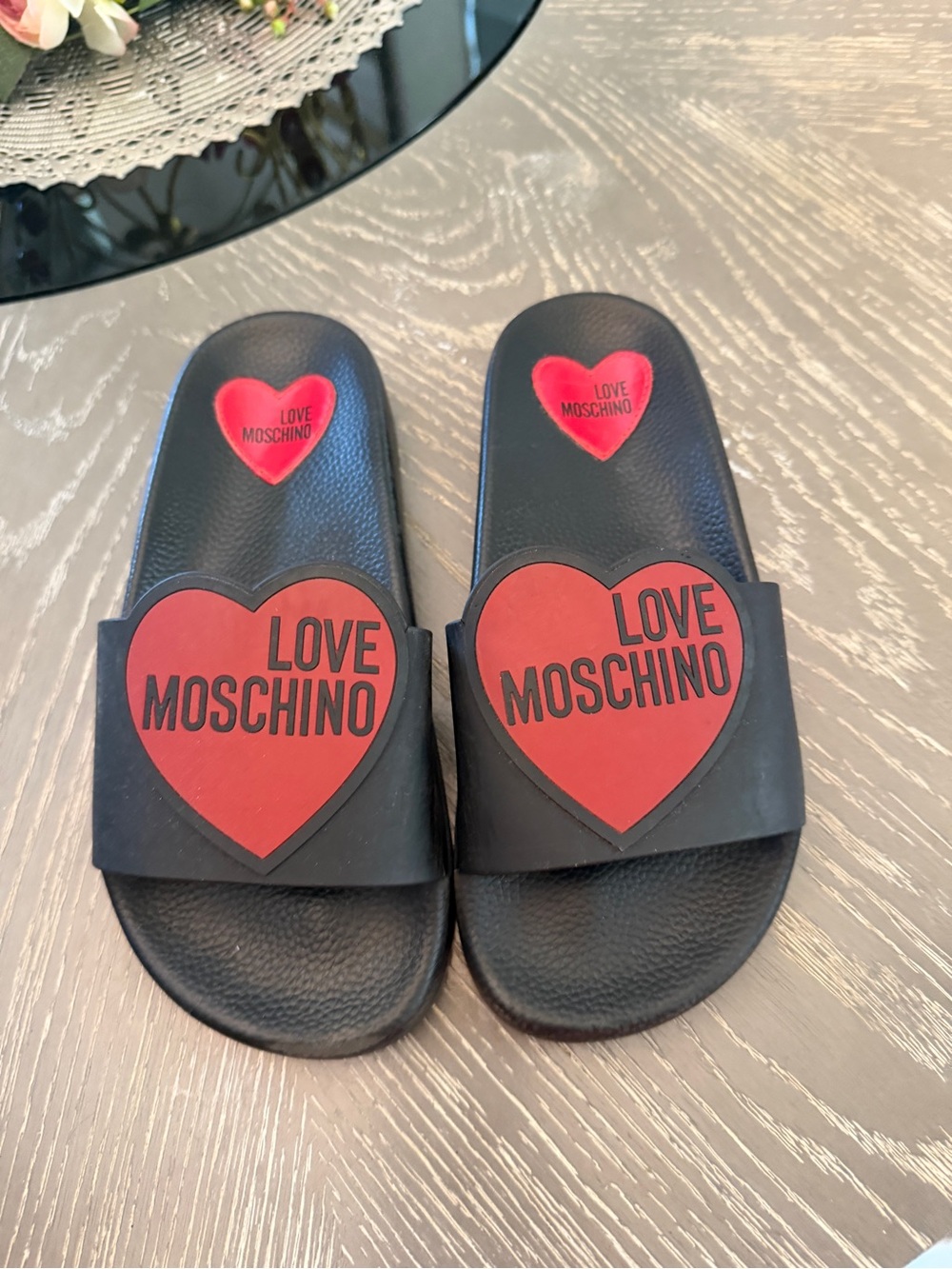 Love Moschino Black Slides with Red Heart Logo for Kids